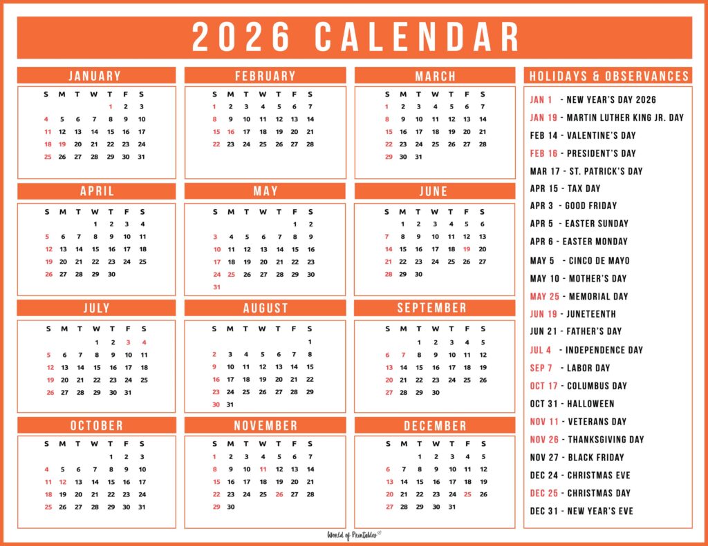 2026 Calendar with Holidays 39