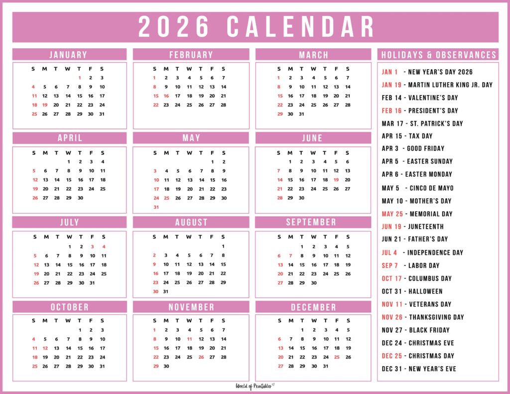 2026 Calendar with Holidays 40