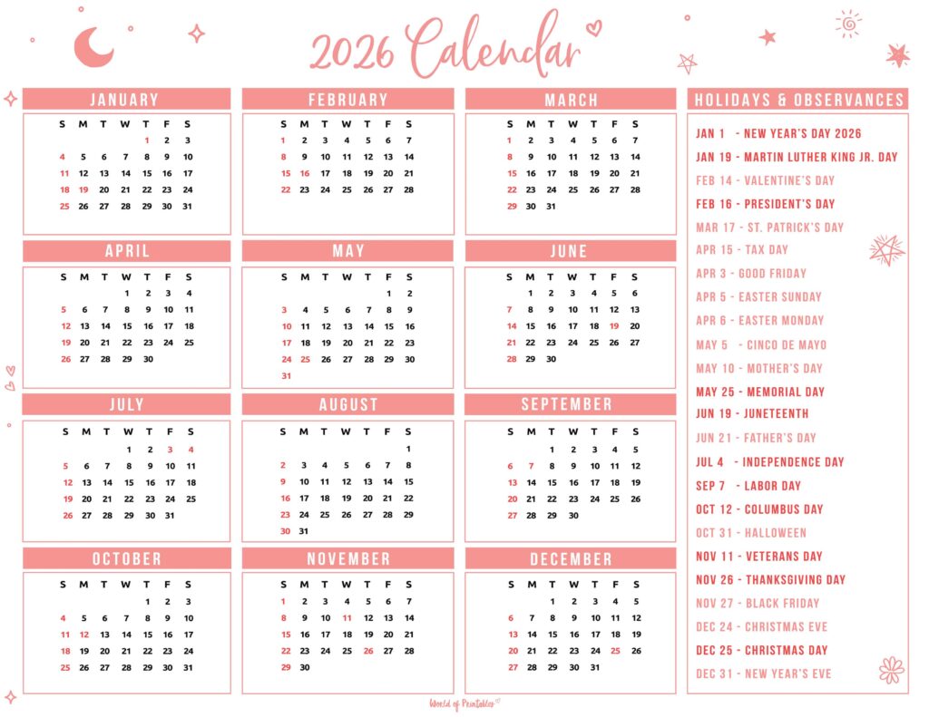 2026 Calendar with Holidays 42
