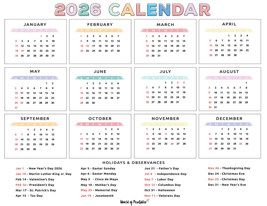 2026 Calendar with Holidays 43