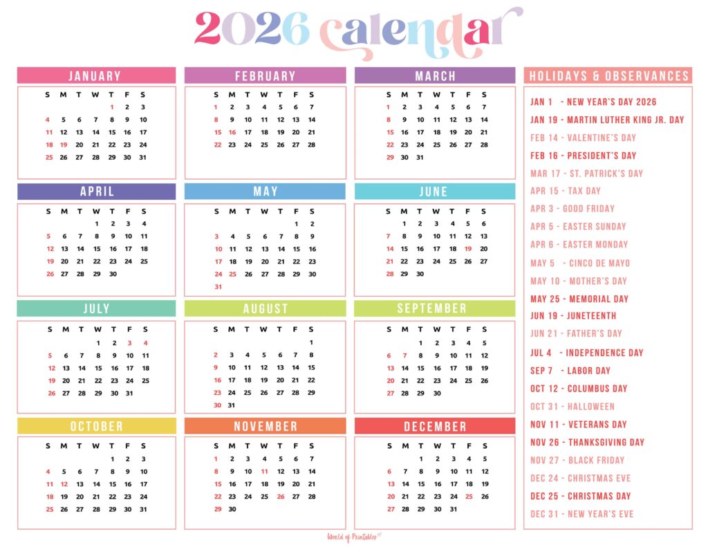 2026 Calendar with Holidays 44