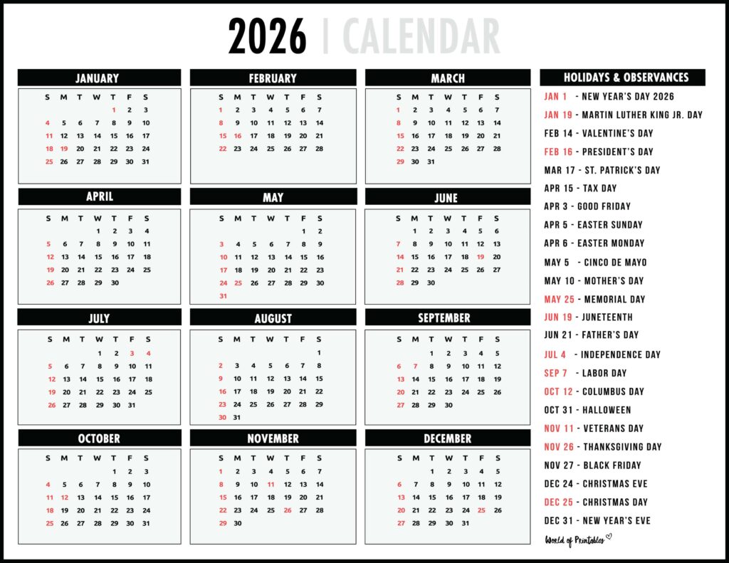 2026 Calendar with Holidays 45