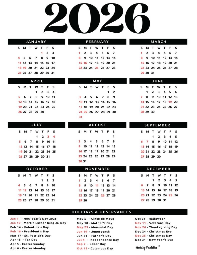 2026 Calendar with Holidays 46