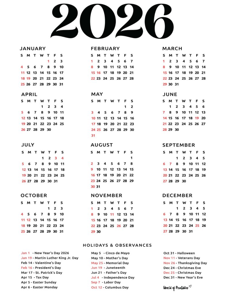 2026 Calendar with Holidays 47