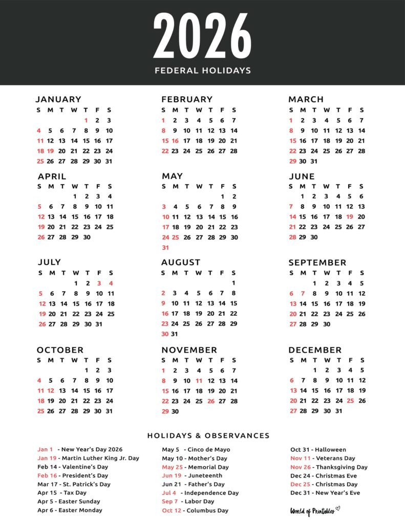 2026 Calendar with Holidays 48