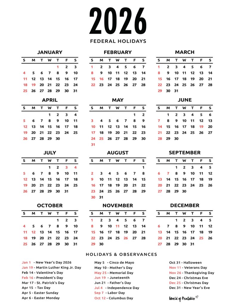 2026 Calendar with Holidays 50