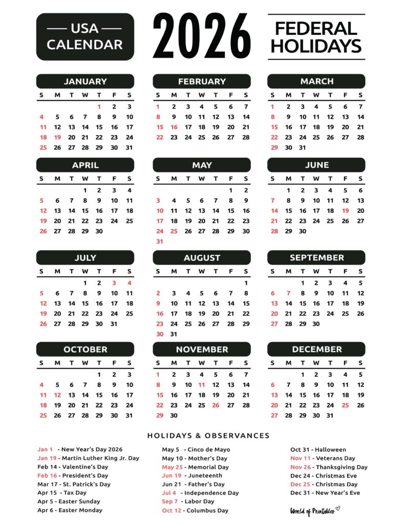 2026 Calendar with Holidays 51