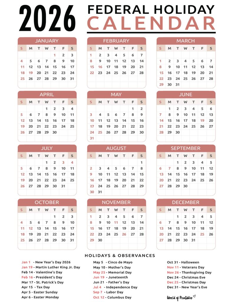 2026 Calendar with Holidays 52
