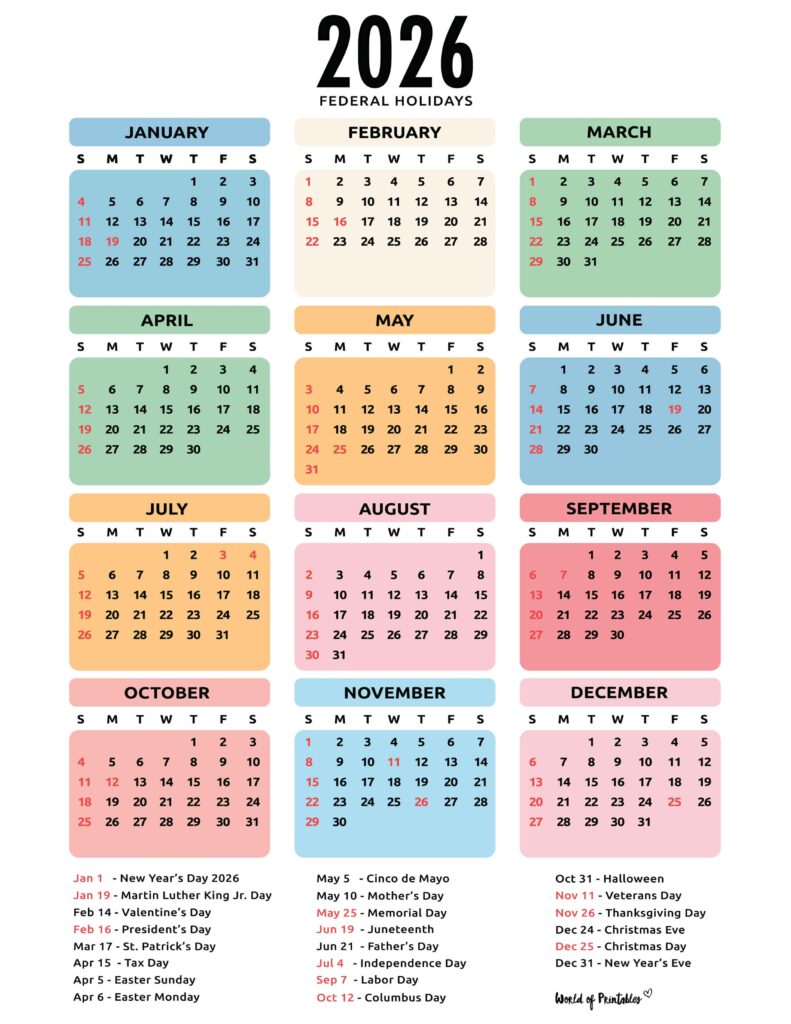 2026 Calendar with Holidays 53