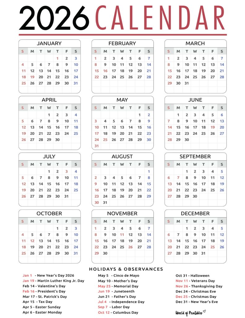 2026 Calendar with Holidays 54