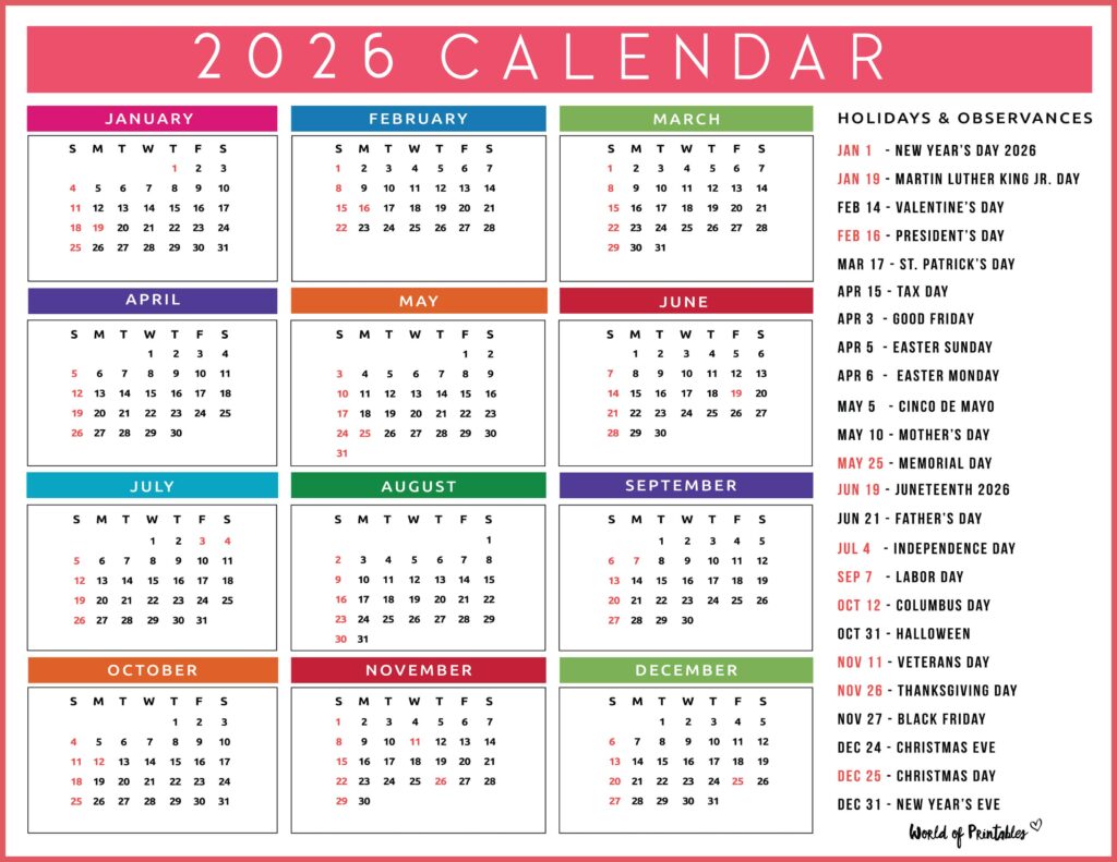 2026 Calendar with Holidays 55