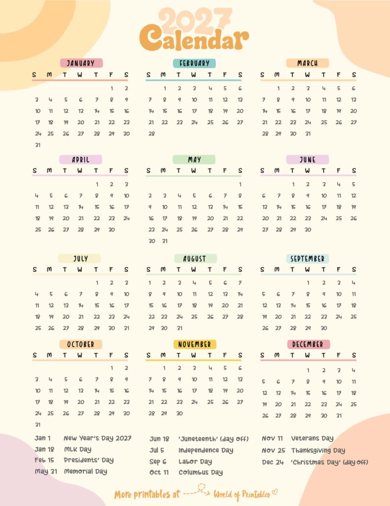 2027 Calendar with Holidays 01