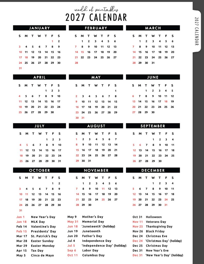 2027 Calendar with Holidays 02