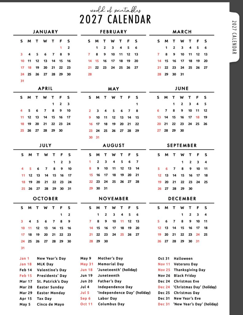 2027 Calendar with Holidays 03