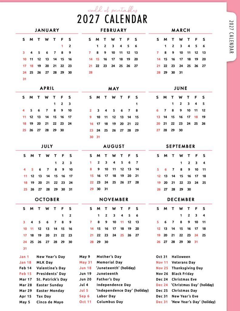 2027 Calendar with Holidays 04