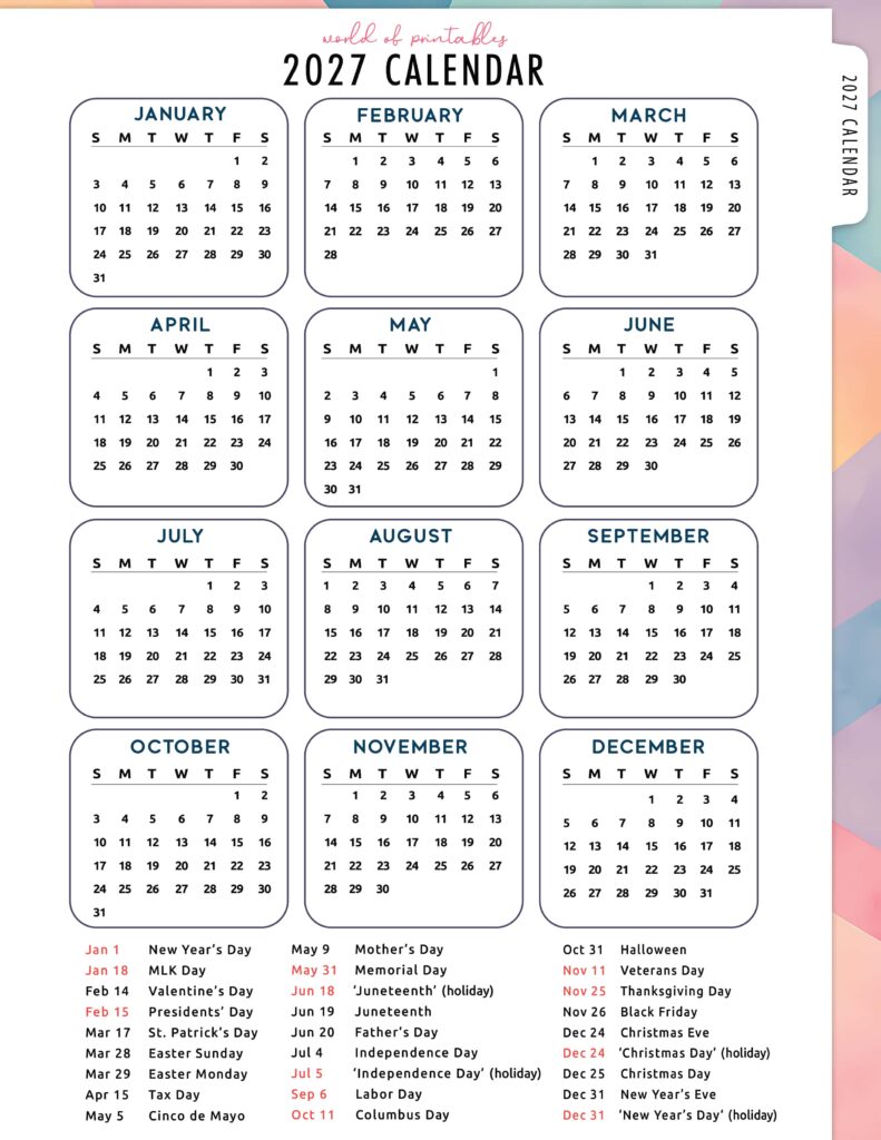 2027 Calendar with Holidays 06
