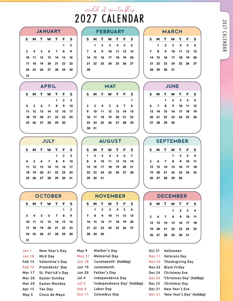 2027 Calendar with Holidays 07