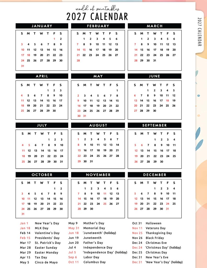 2027 Calendar with Holidays 08