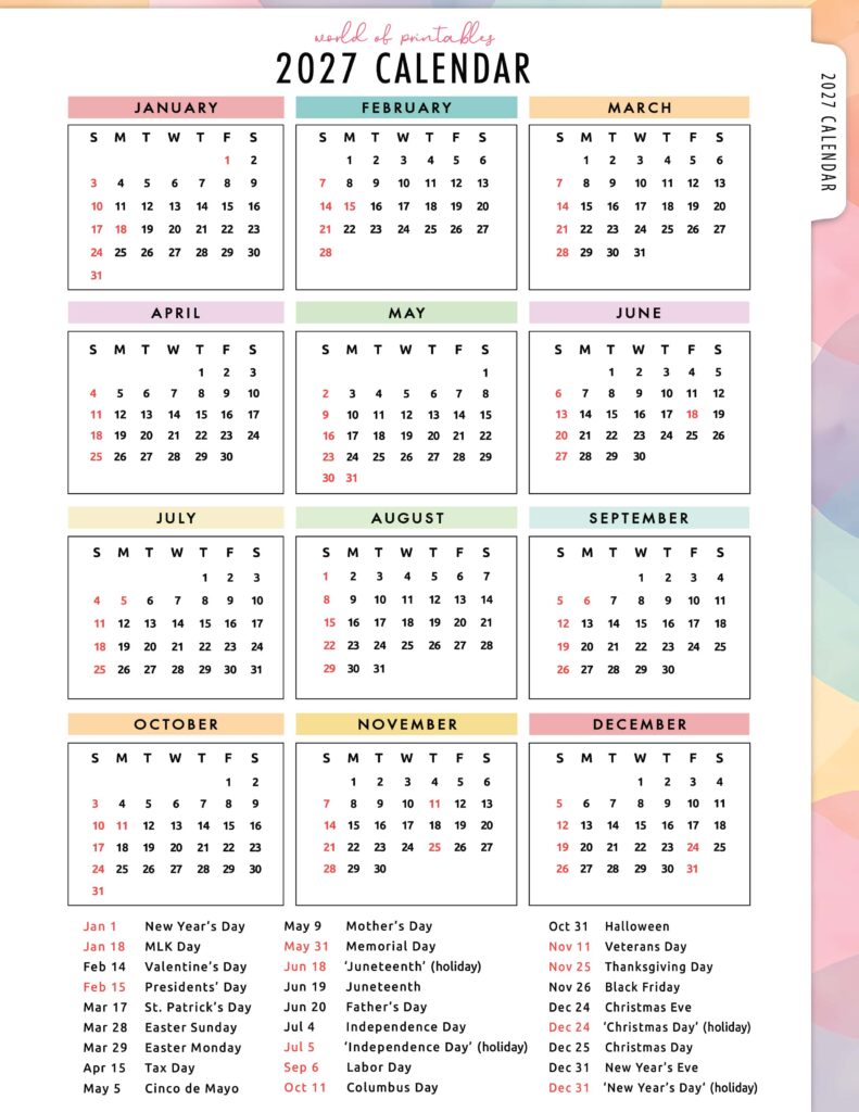 2027 Calendar with Holidays 09