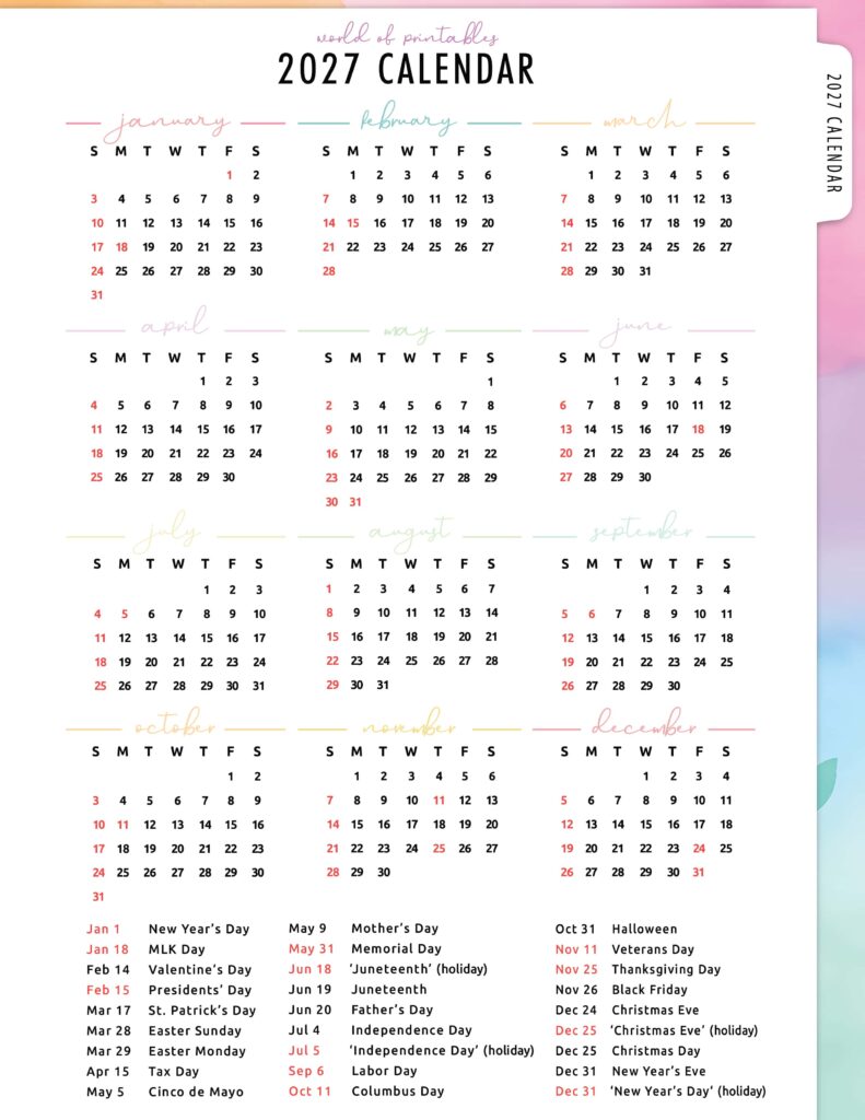2027 Calendar with Holidays 11