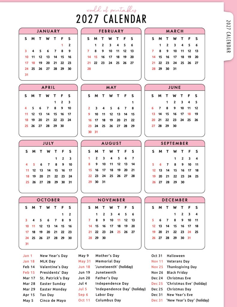 2027 Calendar with Holidays 12