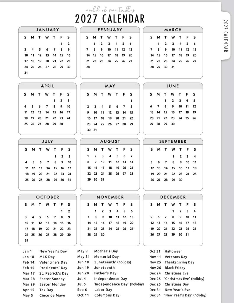 2027 Calendar with Holidays 13