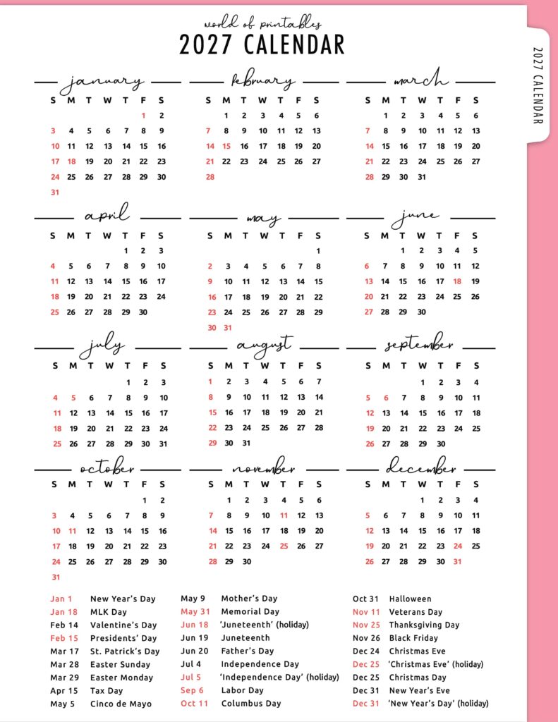 2027 Calendar with Holidays 15