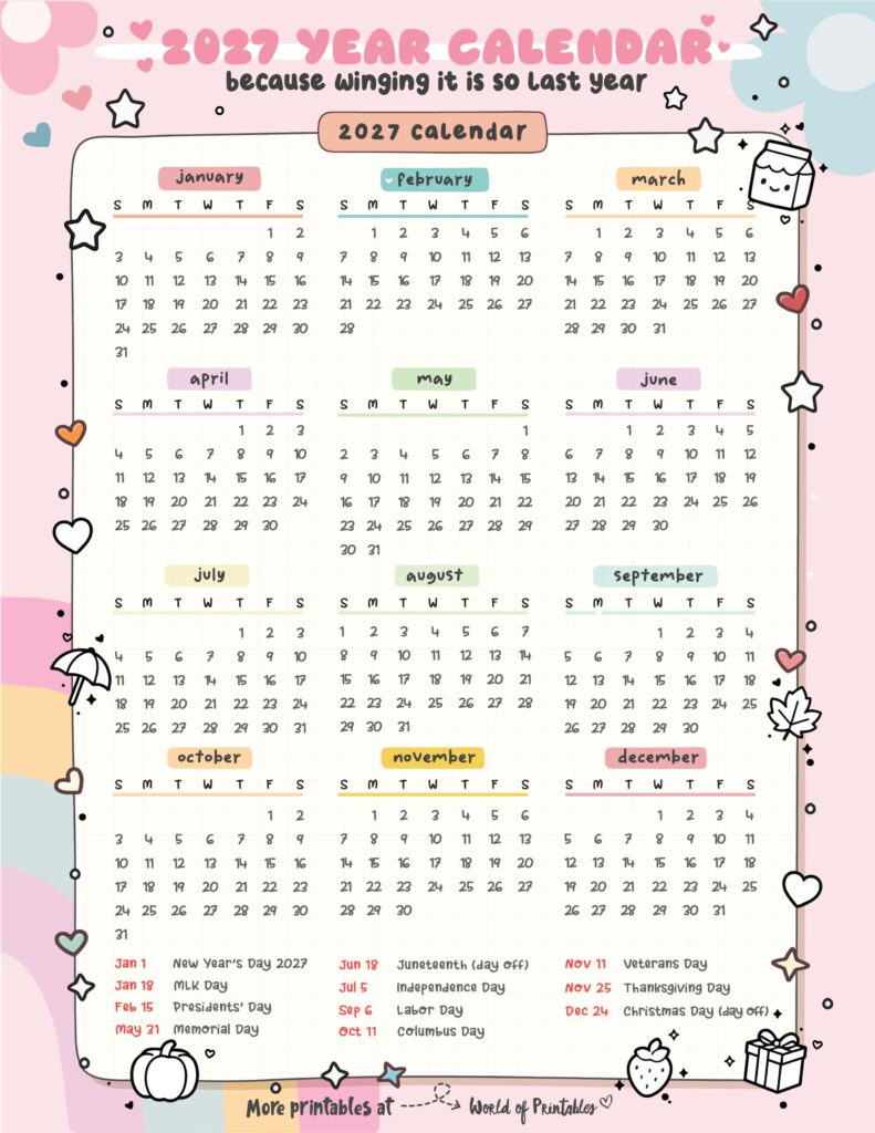 2027 Calendar with Holidays 16