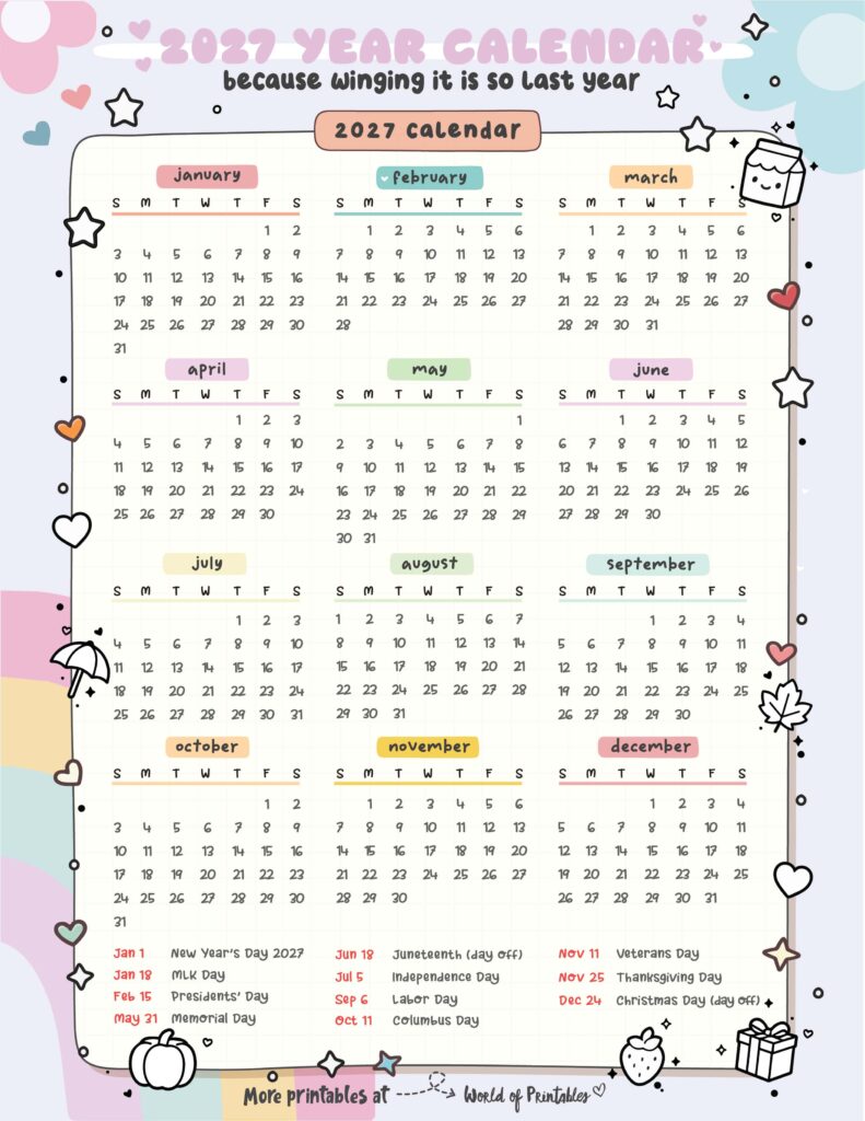 2027 Calendar with Holidays 17