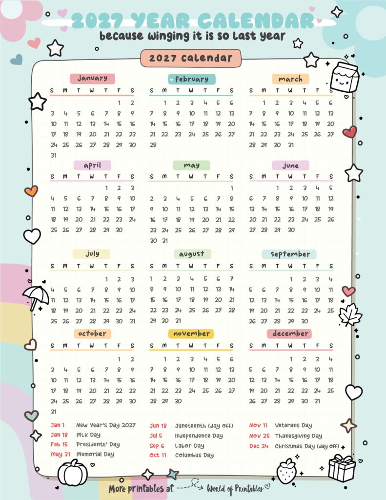 2027 Calendar with Holidays 18