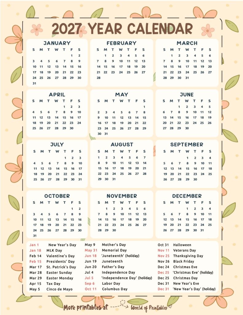 2027 Calendar with Holidays 19