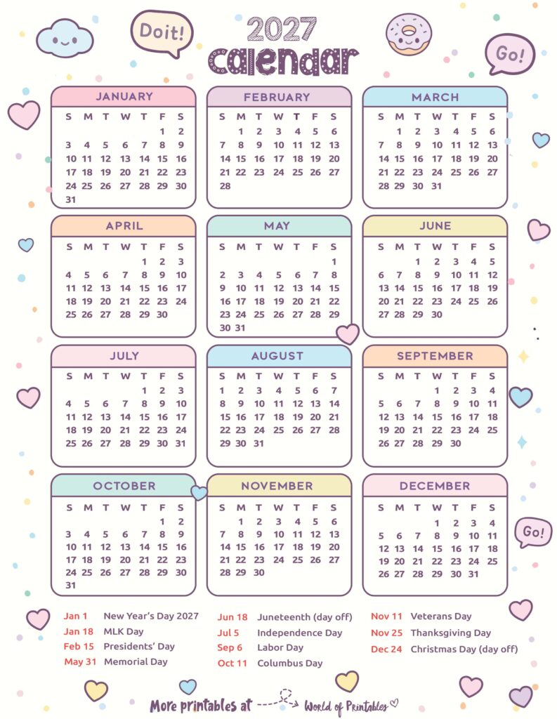 2027 Calendar with Holidays 21