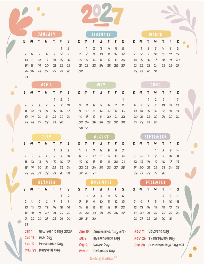 2027 Calendar with Holidays 23