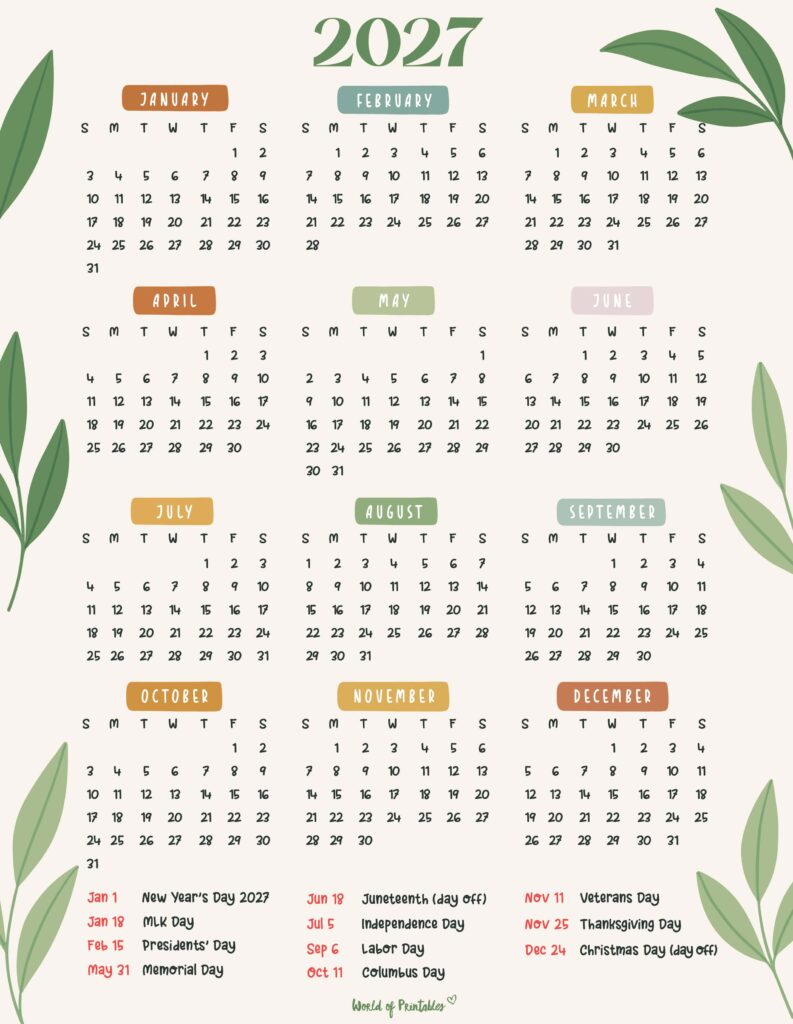 2027 Calendar with Holidays 24