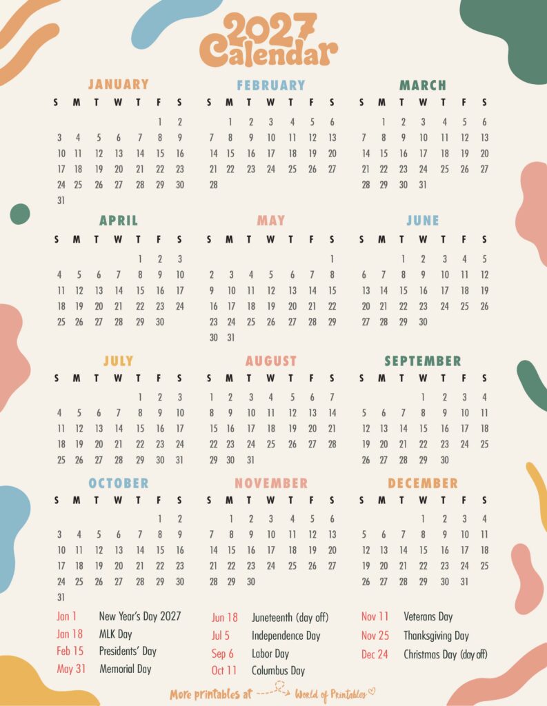 2027 Calendar with Holidays 25