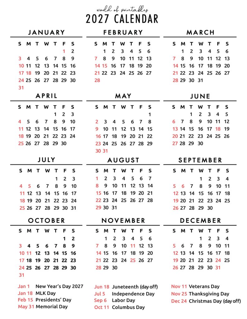 2027 Calendar with Holidays 26