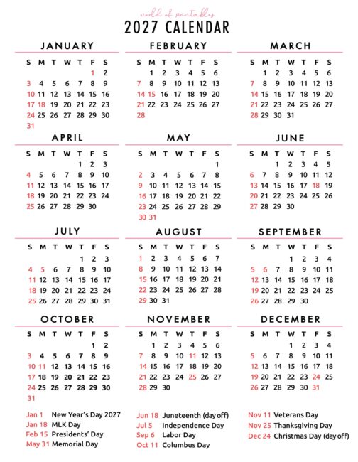 2027 Calendar With Holidays (Free Printable PDFs) - World of Printables
