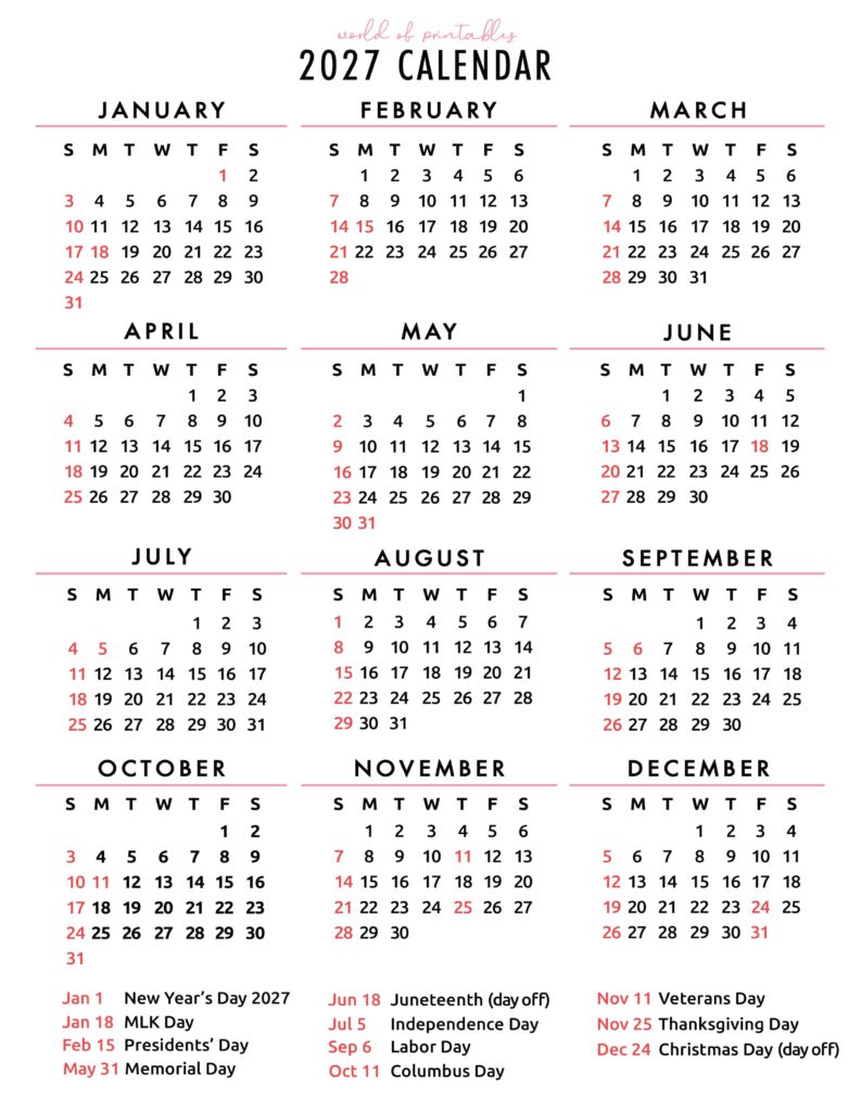 2027 Calendar with Holidays 27