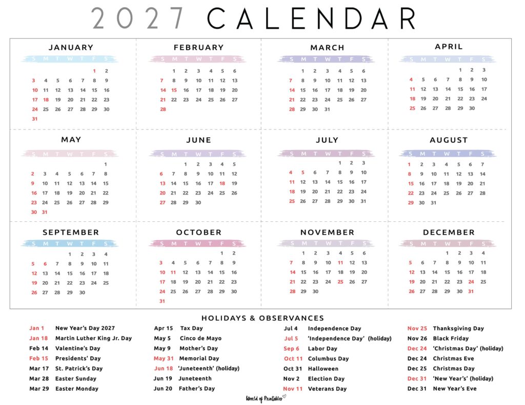 2027 Calendar with Holidays 28