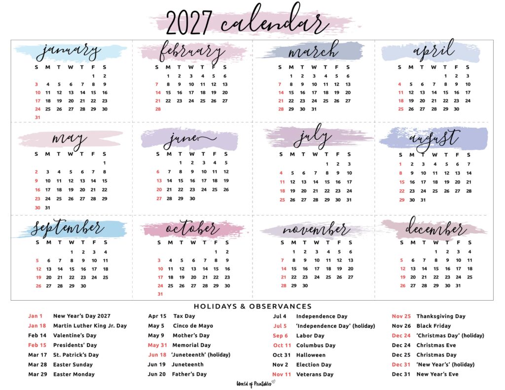 2027 Calendar with Holidays 29