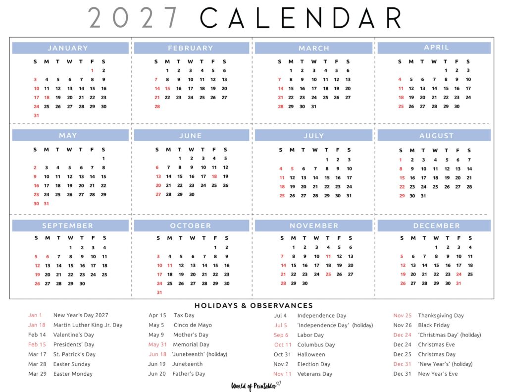 2027 Calendar with Holidays 30