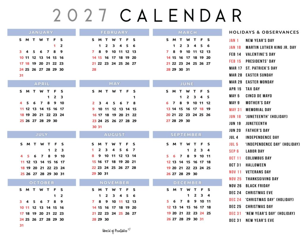 2027 Calendar with Holidays 31