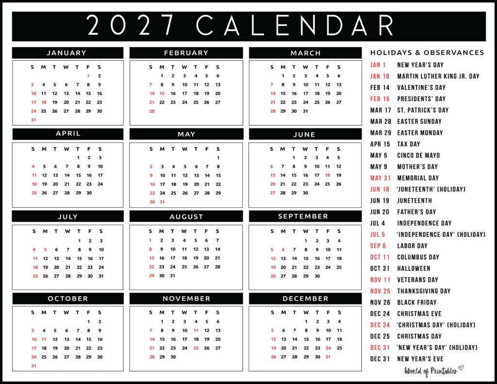 2027 Calendar with Holidays 32