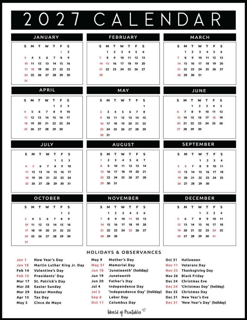 2027 Calendar with Holidays 33