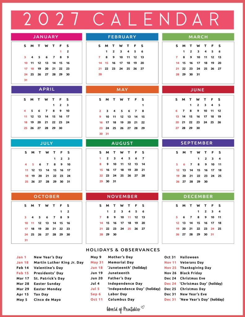 2027 Calendar with Holidays 34