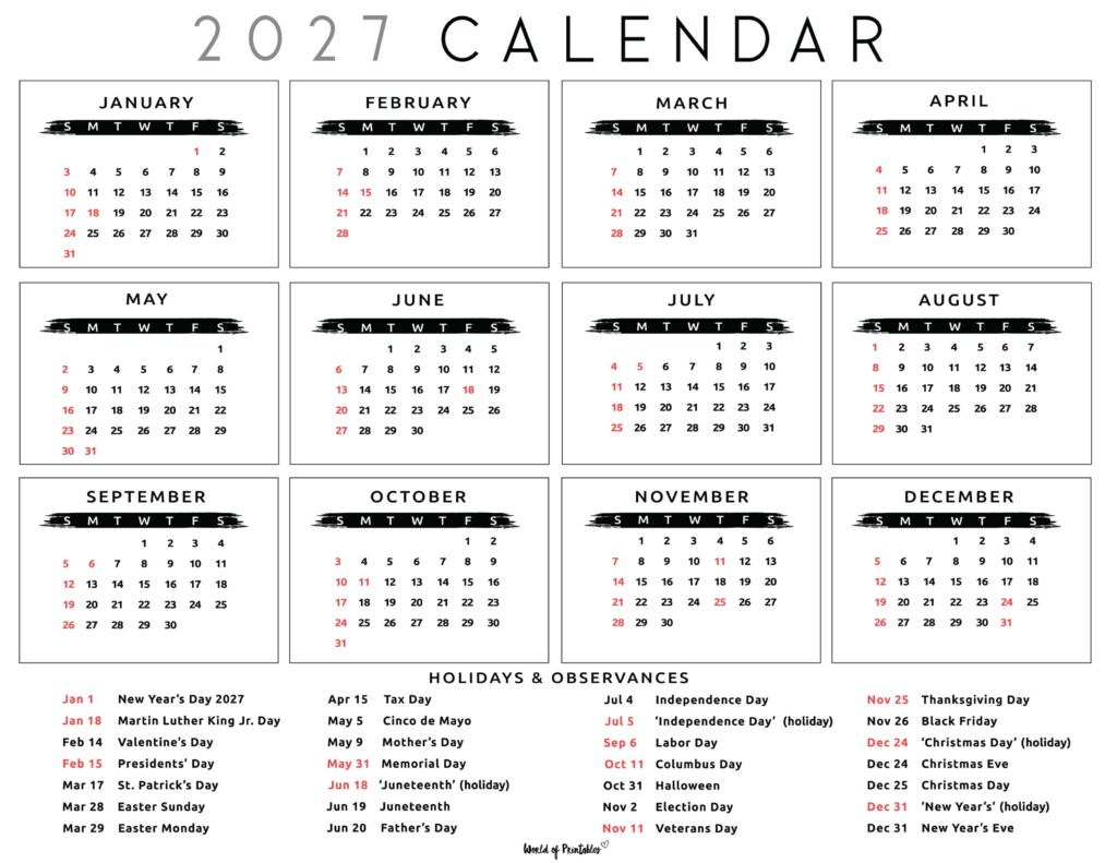 2027 Calendar with Holidays 35