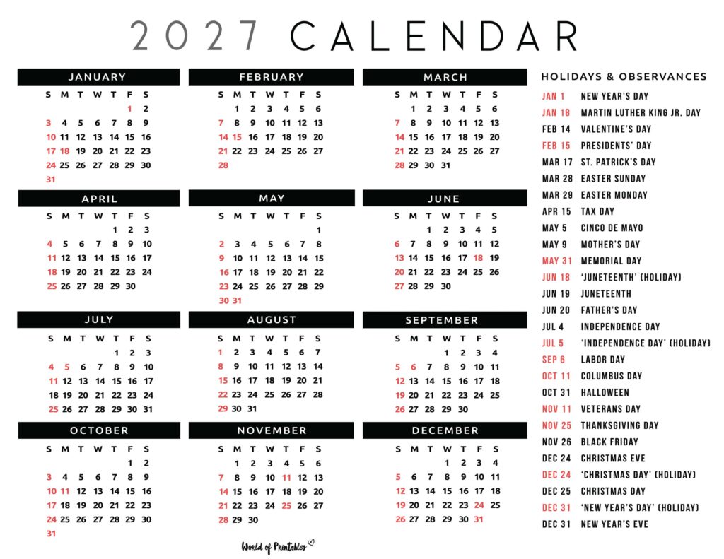 2027 Calendar with Holidays 36