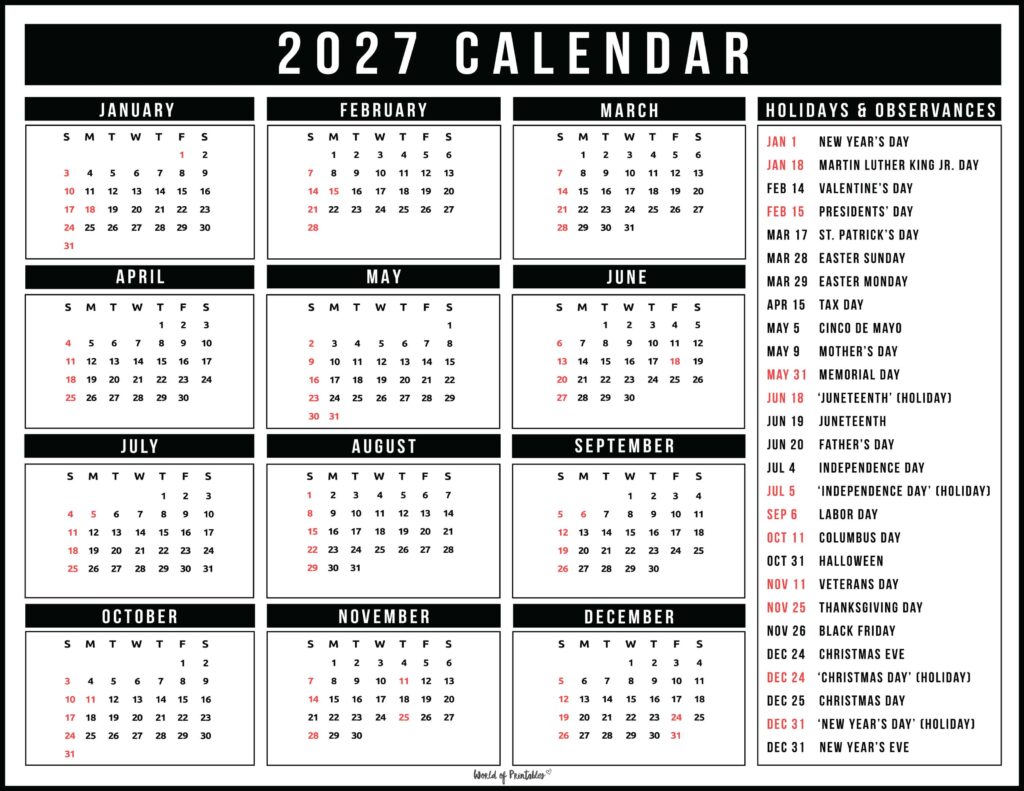 2027 Calendar with Holidays 37