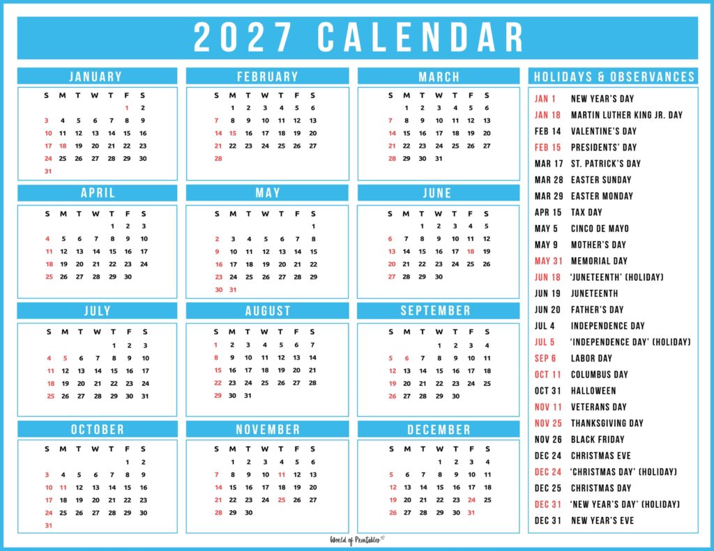 2027 Calendar with Holidays 38