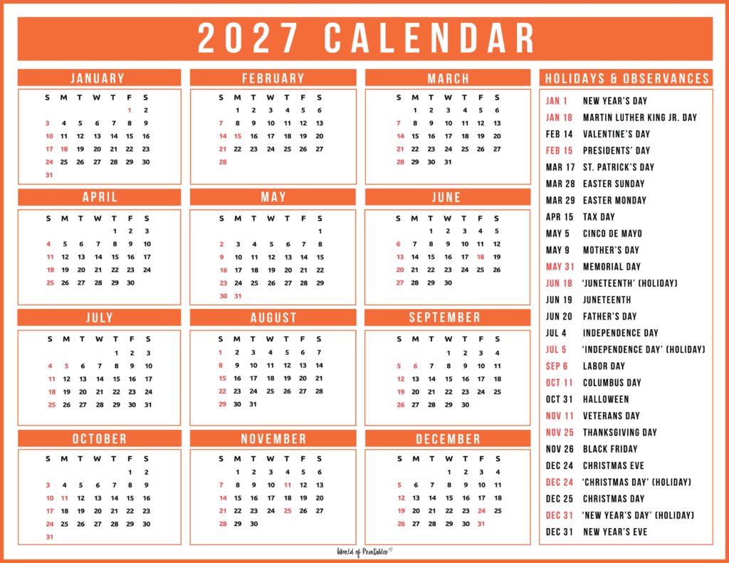 2027 Calendar with Holidays 39